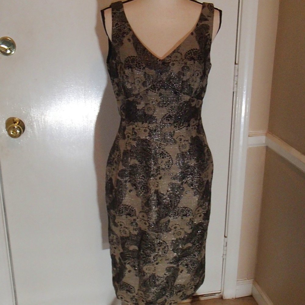 Andre Oliver, black/brown baroque print dress, size 8